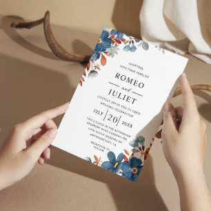 Navy Blue Terracotta Floral Boho Wedding Invitation