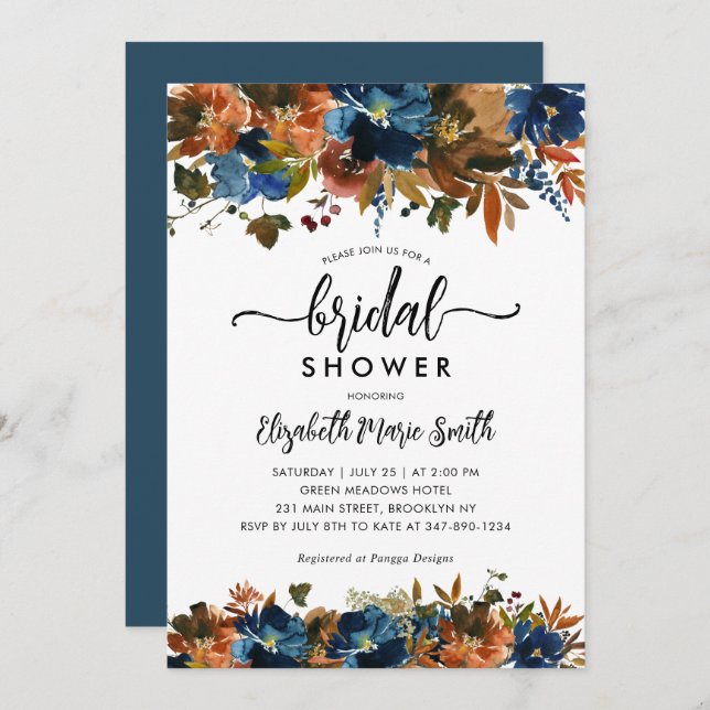 Navy Blue Terracotta Floral Fall Bridal Shower Invitation (Front/Back)