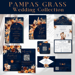 Navy Blue & Terracotta QR Code Save The Date Invitation