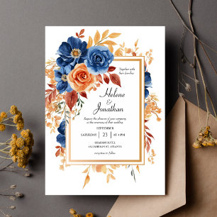 Navy Blue Terracotta Rust Garden Elegant Wedding Invitation