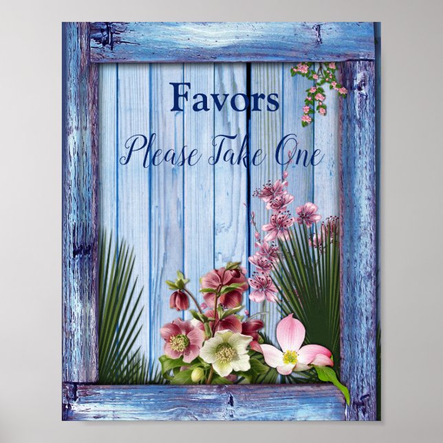 Navy - Blue Textured & Pink Flowers Poster (Front)