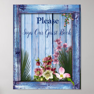 Navy - Blue Textured & Pink Flowers Poster