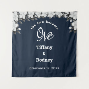 Navy Blue, The Two Become One Floral Wedding Tapestry