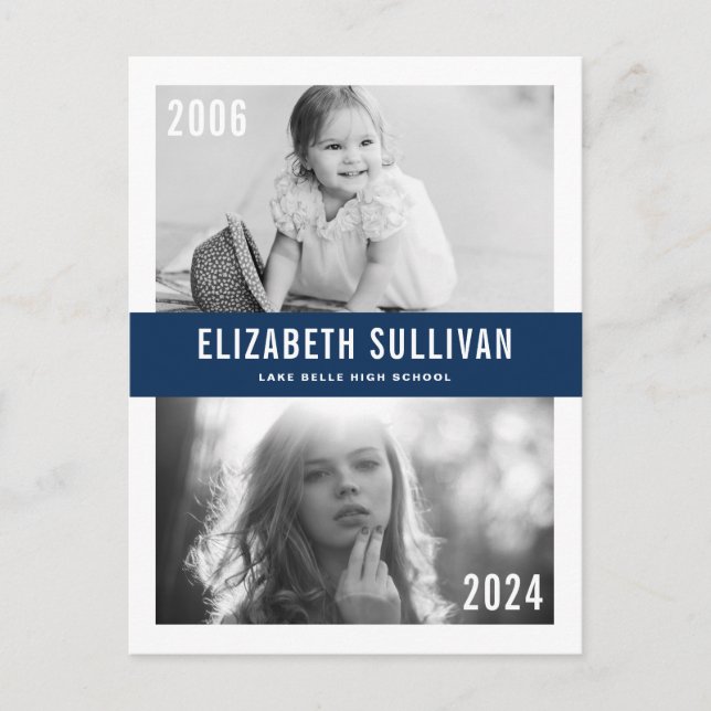 Navy Blue Then and Now  Photo Collage Graduation Postcard (Front)