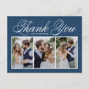 Navy Blue Three Photo Collage Wedding Thank You Postcard