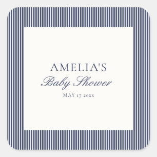 Navy Blue Ticking Stripe Preppy Baby Boy Shower Square Sticker