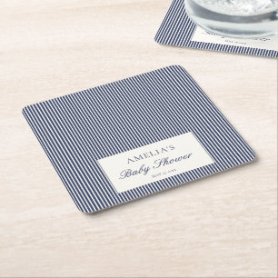 Navy Blue Ticking Stripe Preppy Baby Shower Square Paper Coaster