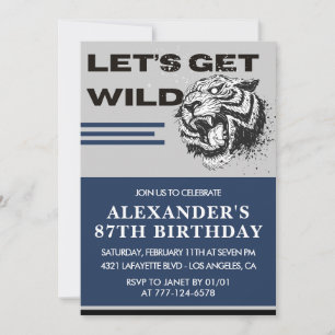 Navy Blue Tiger Men 87th birthday Invitation