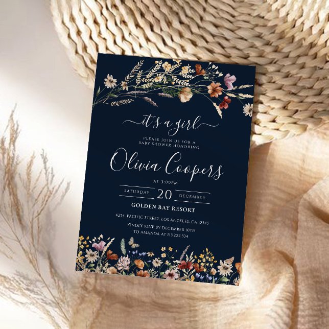 Navy Blue Tiny Wildflower Baby Shower Invitation (Creator Uploaded)