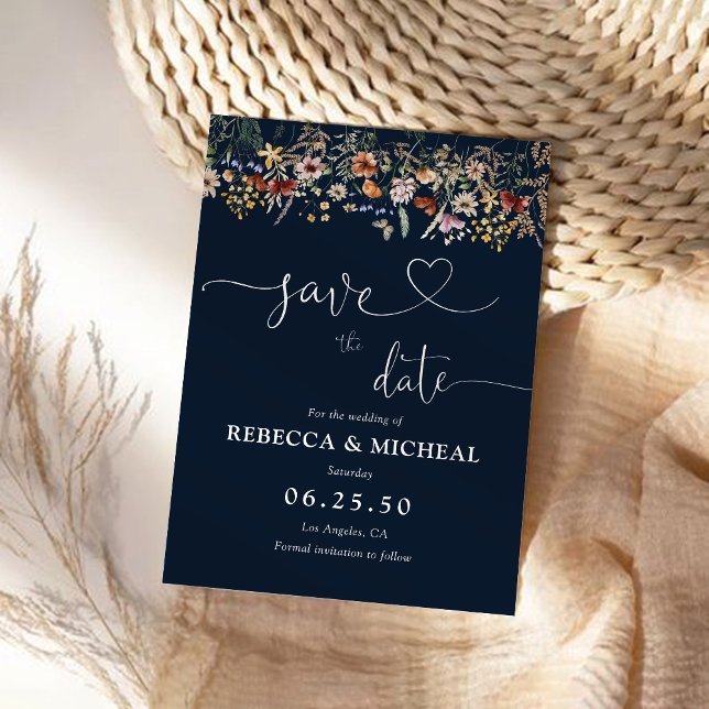 Navy Blue Tiny Wildflower Save The Date Card (Creator Uploaded)