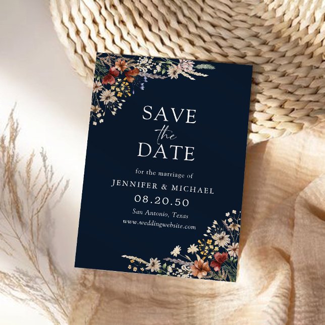 Navy Blue Tiny Wildflower Save The Date Card (Creator Uploaded)