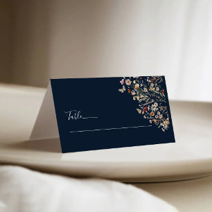 Navy Blue Tiny Wildflower Wedding Folded Place Card