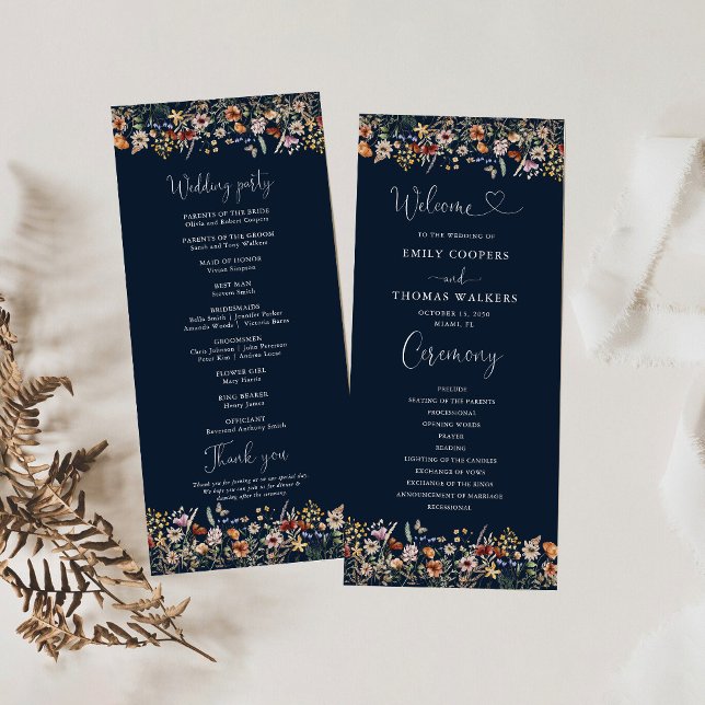 Navy Blue Tiny Wildflower Wedding Program (Creator Uploaded)