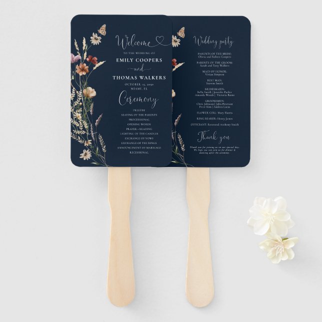 Navy Blue Tiny Wildflower Wedding Program Hand Fan (Front and Back)