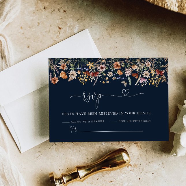 Navy Blue Tiny Wildflower Wedding RSVP Card (Creator Uploaded)