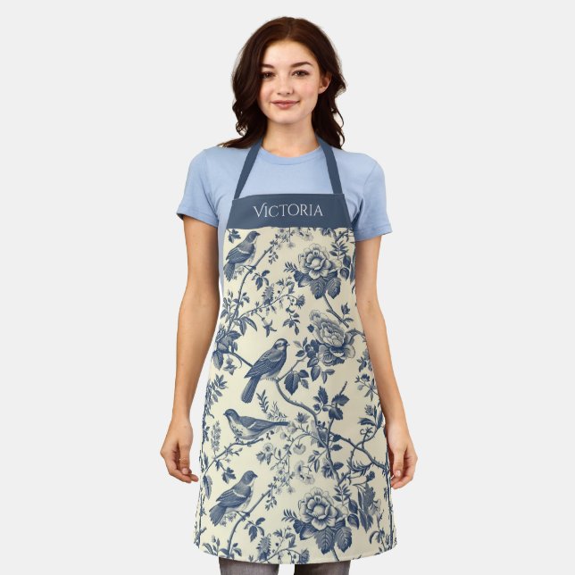 Navy Blue Toile Personalized Shabby Chic Apron (Worn)