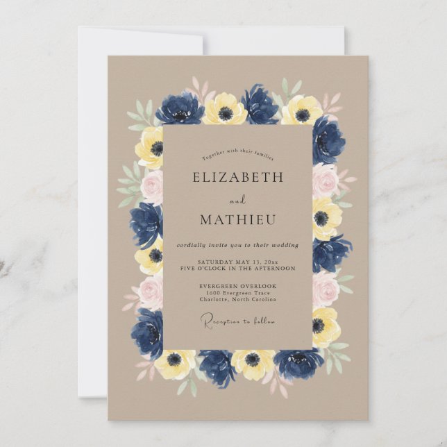 Navy Blue Tranquil Botanical Wedding Invitation (Front)