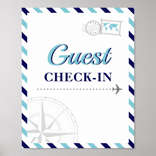 Navy Blue Travel Airplane Guest Check-in Welcome Poster (Front)