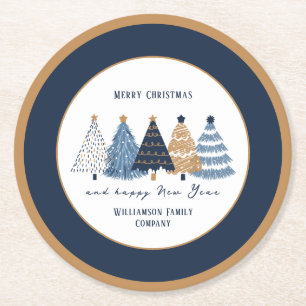 Navy Blue Trees Taxt Modern Christmas Holiday Round Paper Coaster