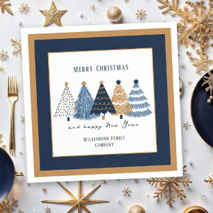 Navy Blue Trees Text Name Modern Christmas Holiday Napkin
