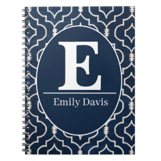 Navy Blue Trellis Monogram Personalized Custom Notebook