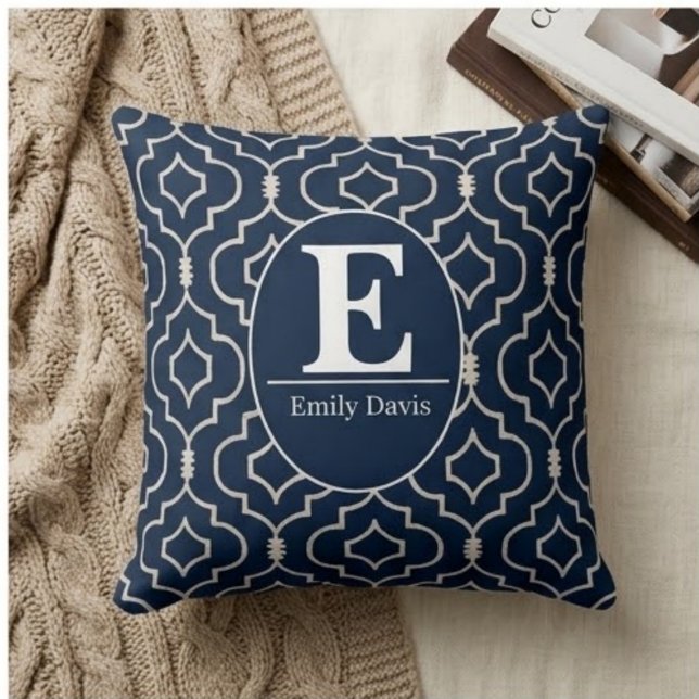  Navy Blue Trellis Monogram Personalized Custom  Throw Pillow (Creator Uploaded)
