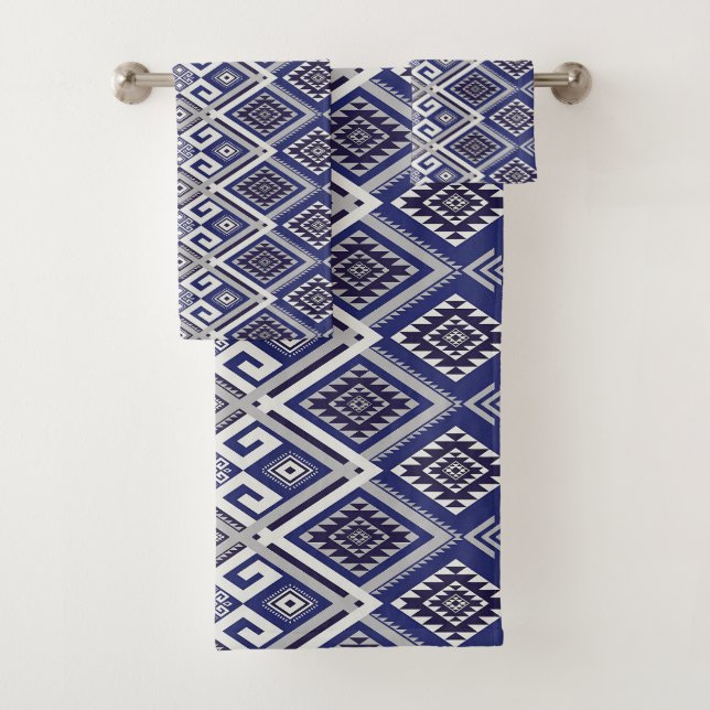 Navy Blue Tribal Motif Surface Pattern Bath Towel Set (Insitu)