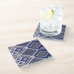 Navy Blue Tribal Motif Surface Pattern Glass Coaster