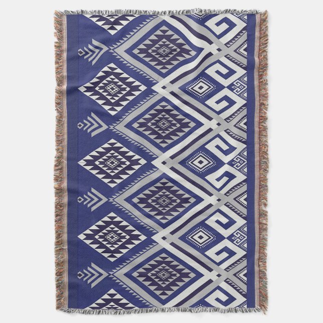 Navy Blue Tribal Motif Surface Pattern Throw Blanket (Front Vertical)