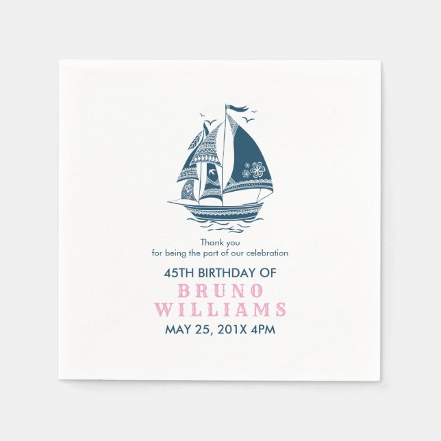 Navy-blue Tribal Nautical Boat Birthday Template Napkin (Front)