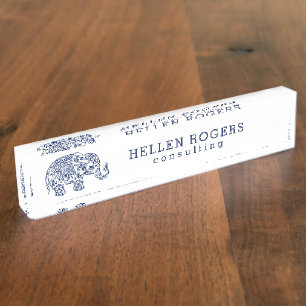 Navy-blue Tribal Paisley Elephant Nameplate