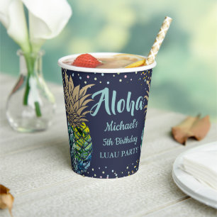 Navy Blue Tropical Luau Pineapple Beach Birthday Paper Cups
