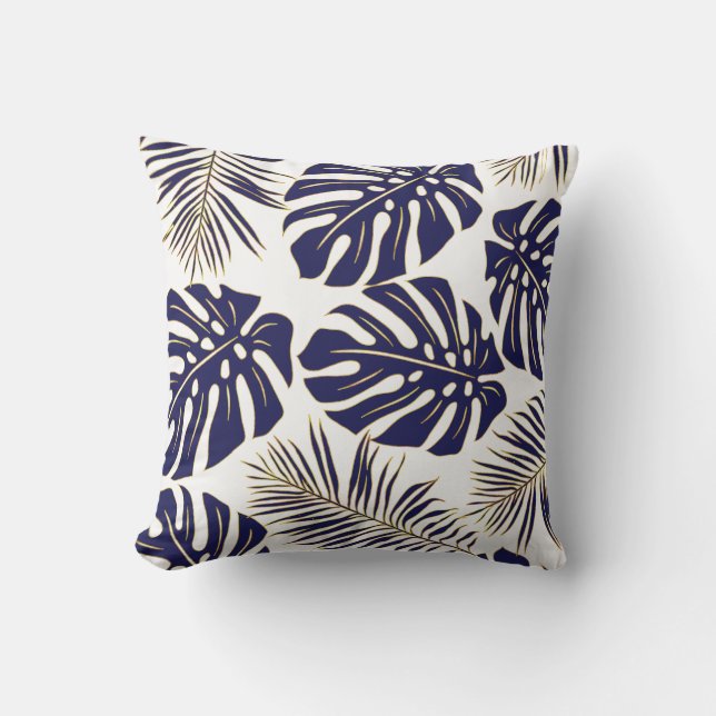 Navy blue tropical monstera leaves pattern outdoor pillow (Front)