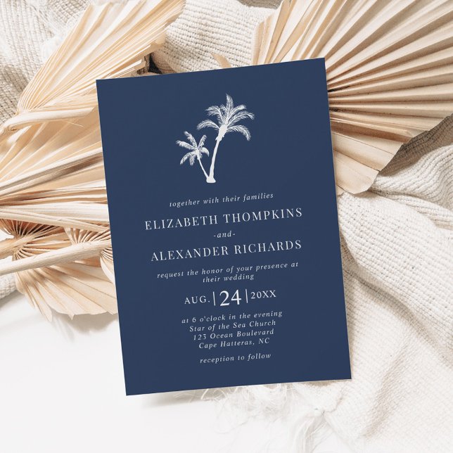 Navy Blue Tropical Palm Tree Beach Wedding Invitation (Creator Uploaded)