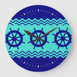 Navy Blue Turquoise Helm Stripe Large Clock