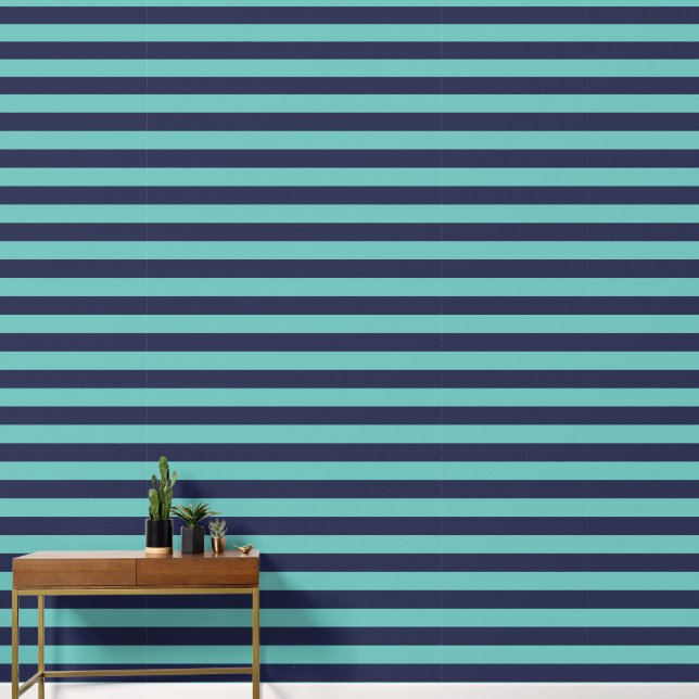 Navy Blue Turquoise Rugby Stripes Wallpaper (Hallway)