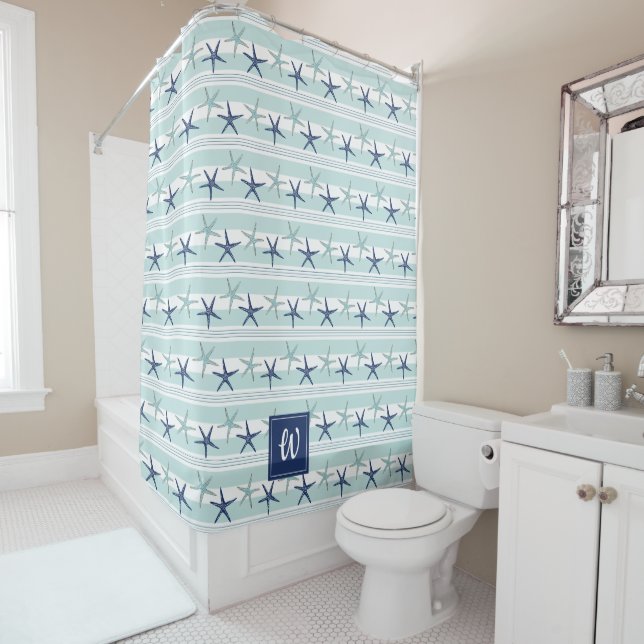 Navy Blue Turquoise Star Fish Striped Monogrammed  (In Situ)