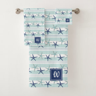 Navy Blue Turquoise Star Fish Striped Monogrammed  Bath Towel Set