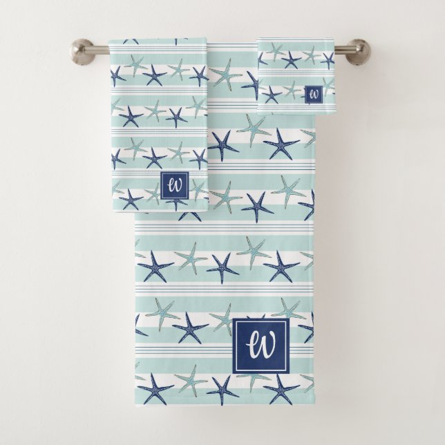 Navy Blue Turquoise Star Fish Striped Monogrammed  Bath Towel Set (Insitu)
