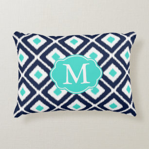 Navy Blue, Turquoise, White Ikat Diamond Pattern Accent Pillow