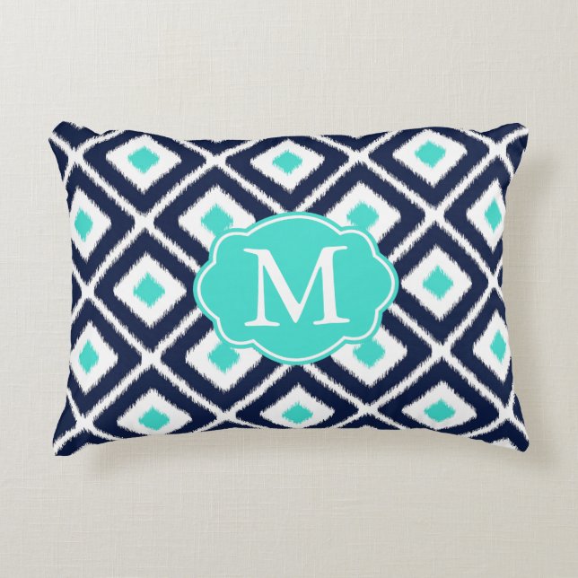Navy Blue, Turquoise, White Ikat Diamond Pattern Accent Pillow (Front)