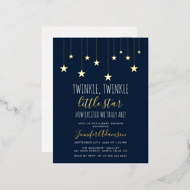 Navy Blue Twinkle Little Star Baby Shower Foil Invitation Postcard (Front/Back)