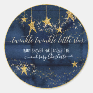 Navy Blue Twinkle Little Star Gold Baby Boy Shower Classic Round Sticker
