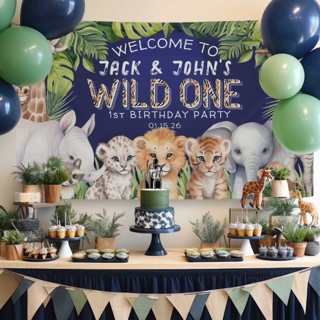 Navy Blue twins jungle animals 1st birthday welcom Banner (Navy Blue, Wild One Birthday Welcome sign and backdrop decoration.)