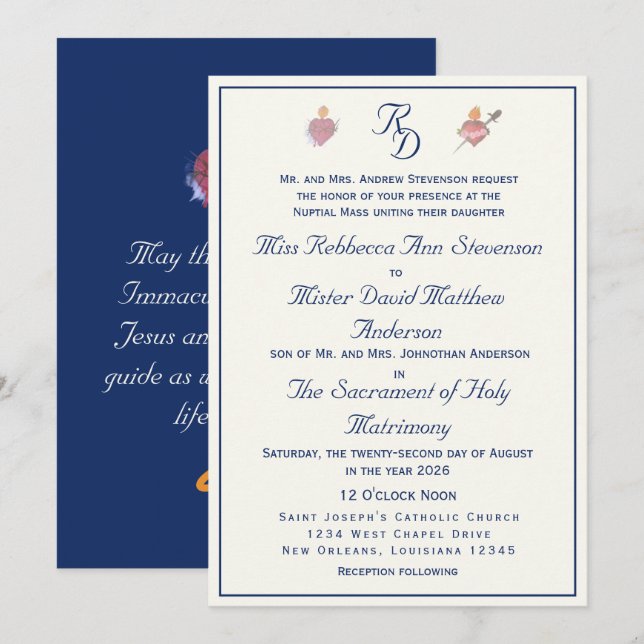 Navy-Blue Two Hearts Catholic Wedding  Invitation (Front/Back)