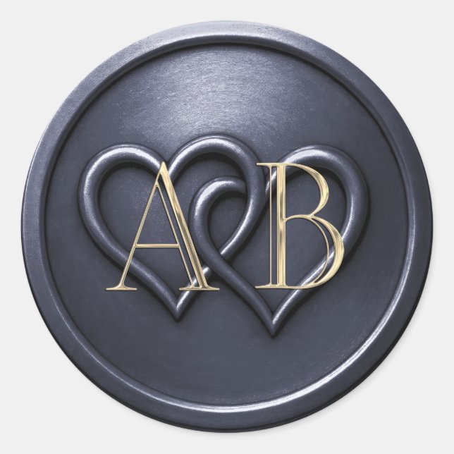 Navy Blue Two Hearts Intertwined Monogram Wedding Classic Round Sticker (Front)