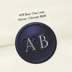 Navy  Blue Two Hearts Silver Monogram Wedding 2 Classic Round Sticker