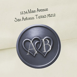 Navy Blue Two Hearts Silver Monogram Wedding  Classic Round Sticker