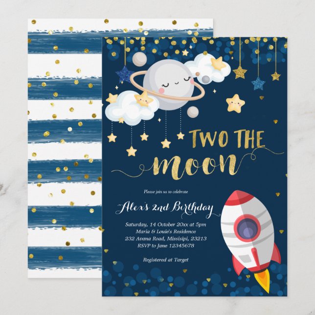 Navy Blue Two the Moon Boy Invitation Anniversaire (Devant / Derrière)