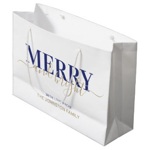 Navy blue typography merry and bright Christmas  Large Gift Bag